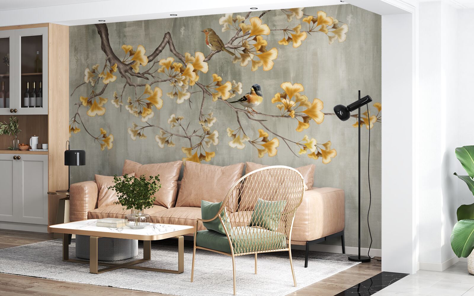 Papier peint des oiseaux et une branche avec des fleurs jaunes