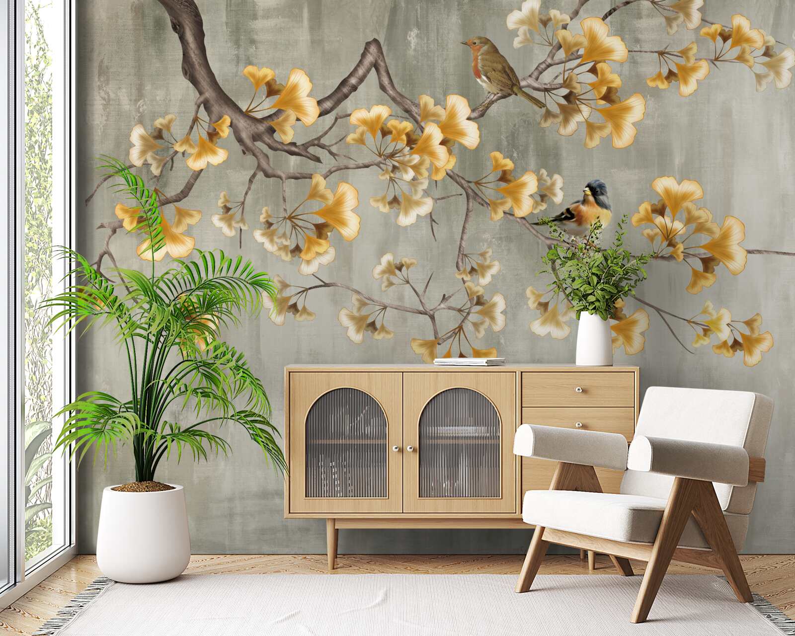 Papier peint des oiseaux et une branche avec des fleurs jaunes