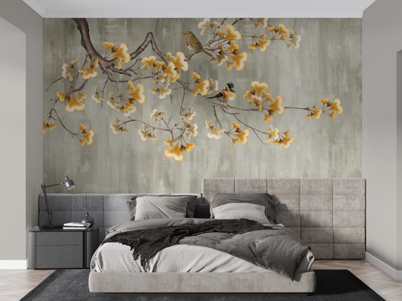 Papier peint des oiseaux et une branche avec des fleurs jaunes