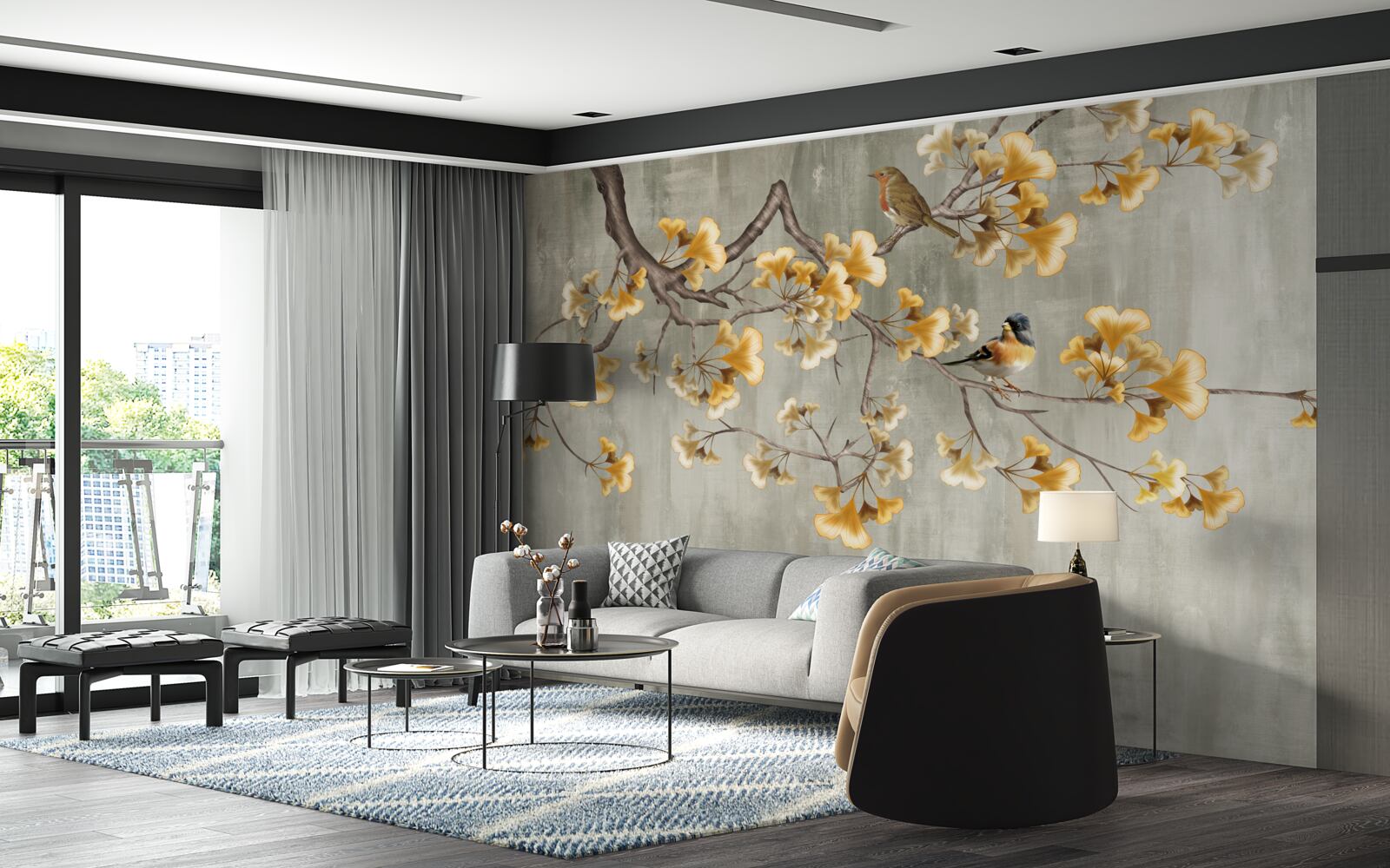 Papier peint des oiseaux et une branche avec des fleurs jaunes