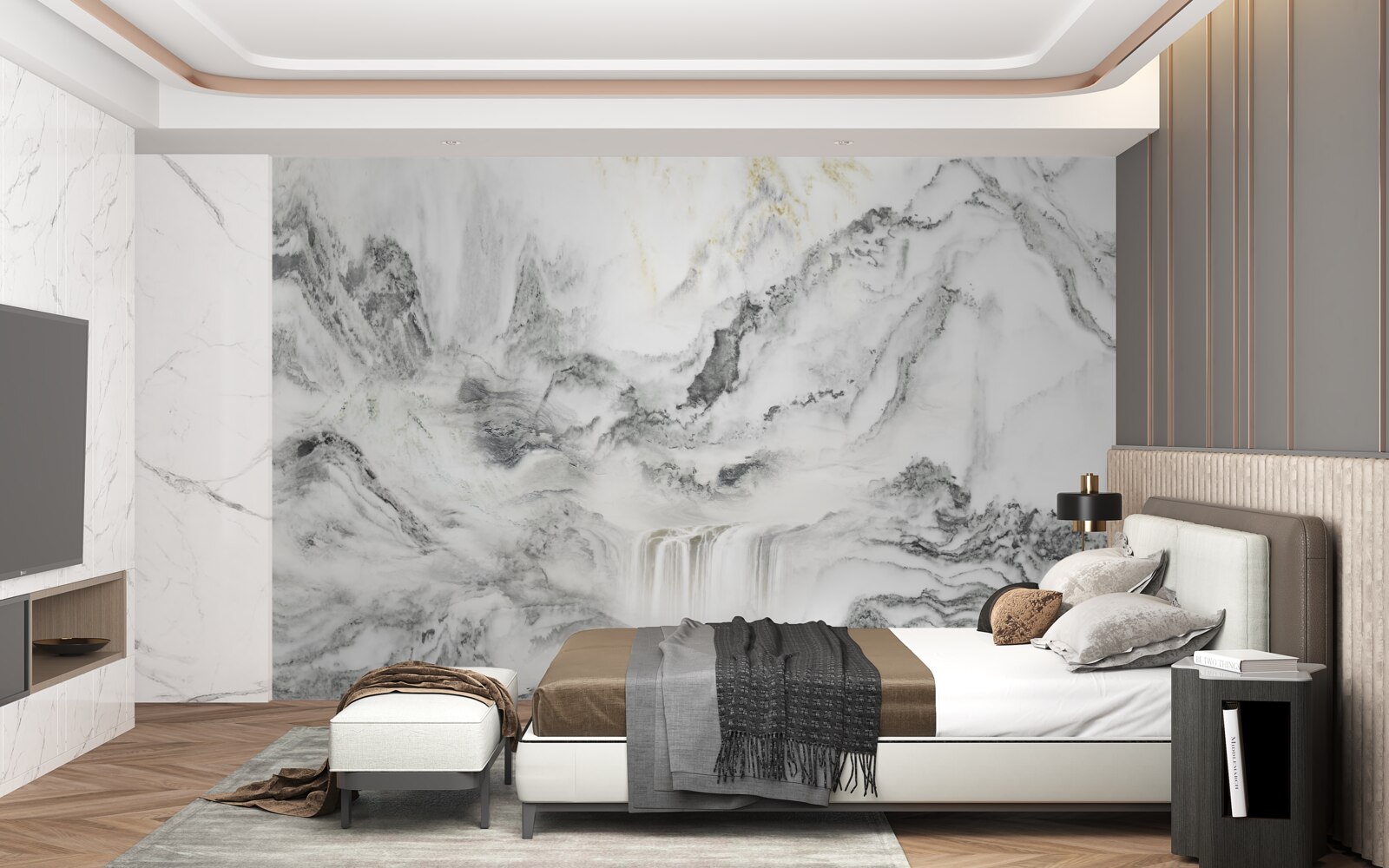 Papier peint texture de marbre avec vue sur les montagnes