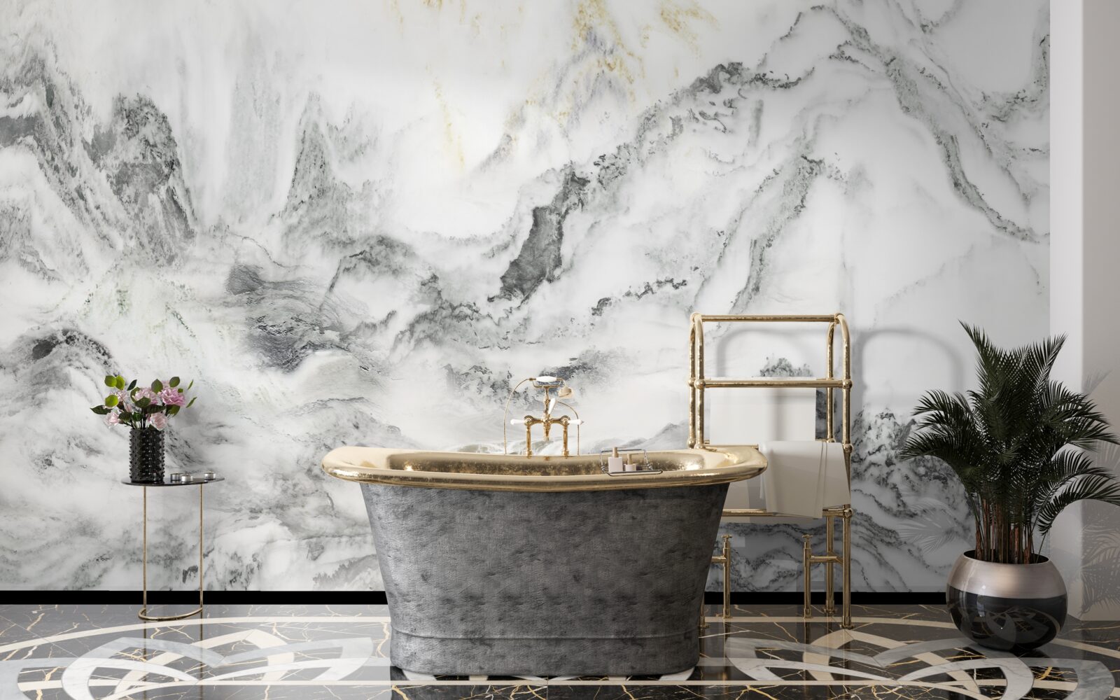 Papier peint texture de marbre avec vue sur les montagnes