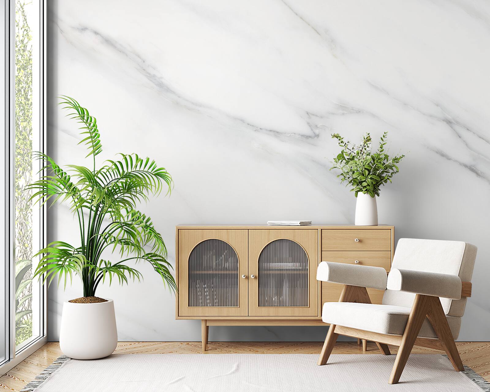 Papier peint marbre blanc veiné de gris