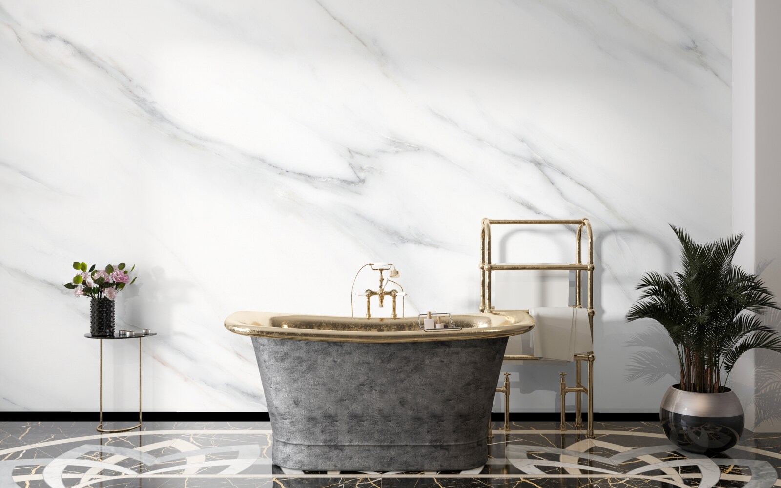 Papier peint marbre blanc veiné de gris