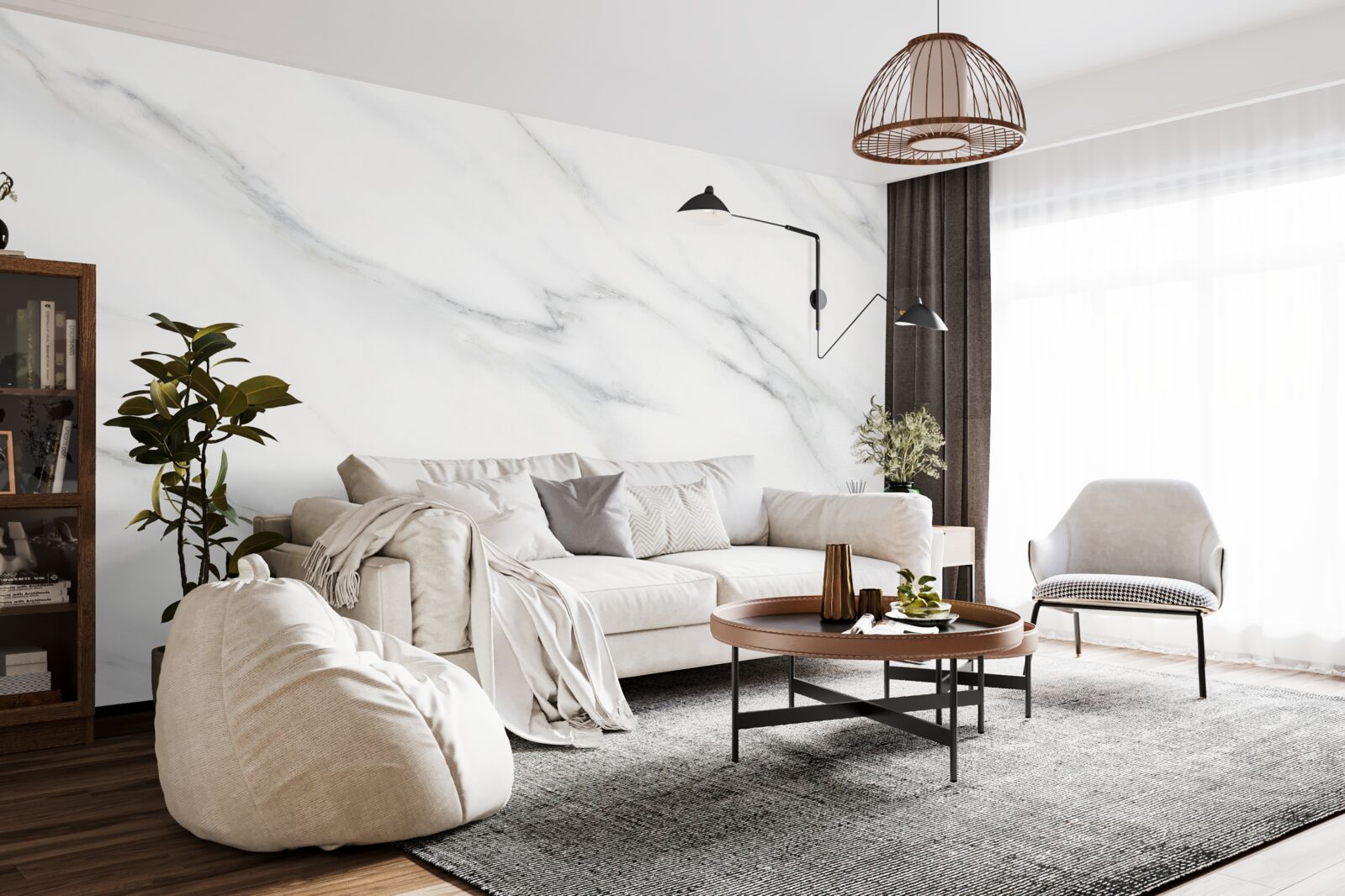 Papier peint marbre blanc veiné de gris