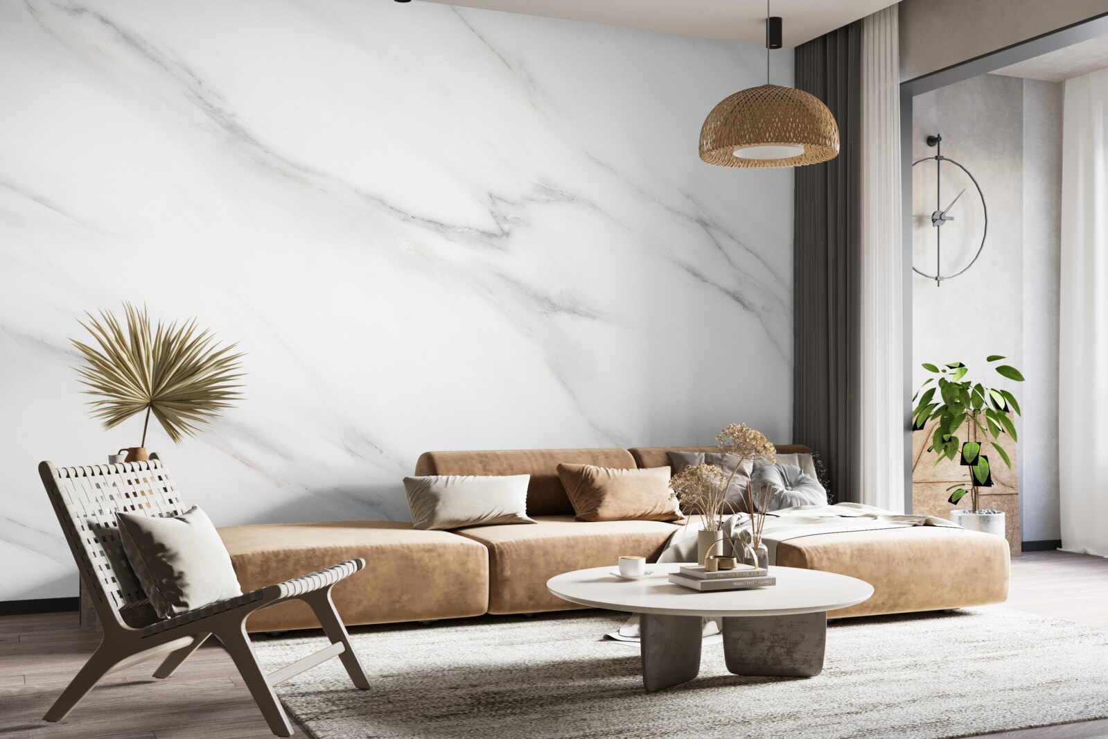 Papier peint marbre blanc veiné de gris