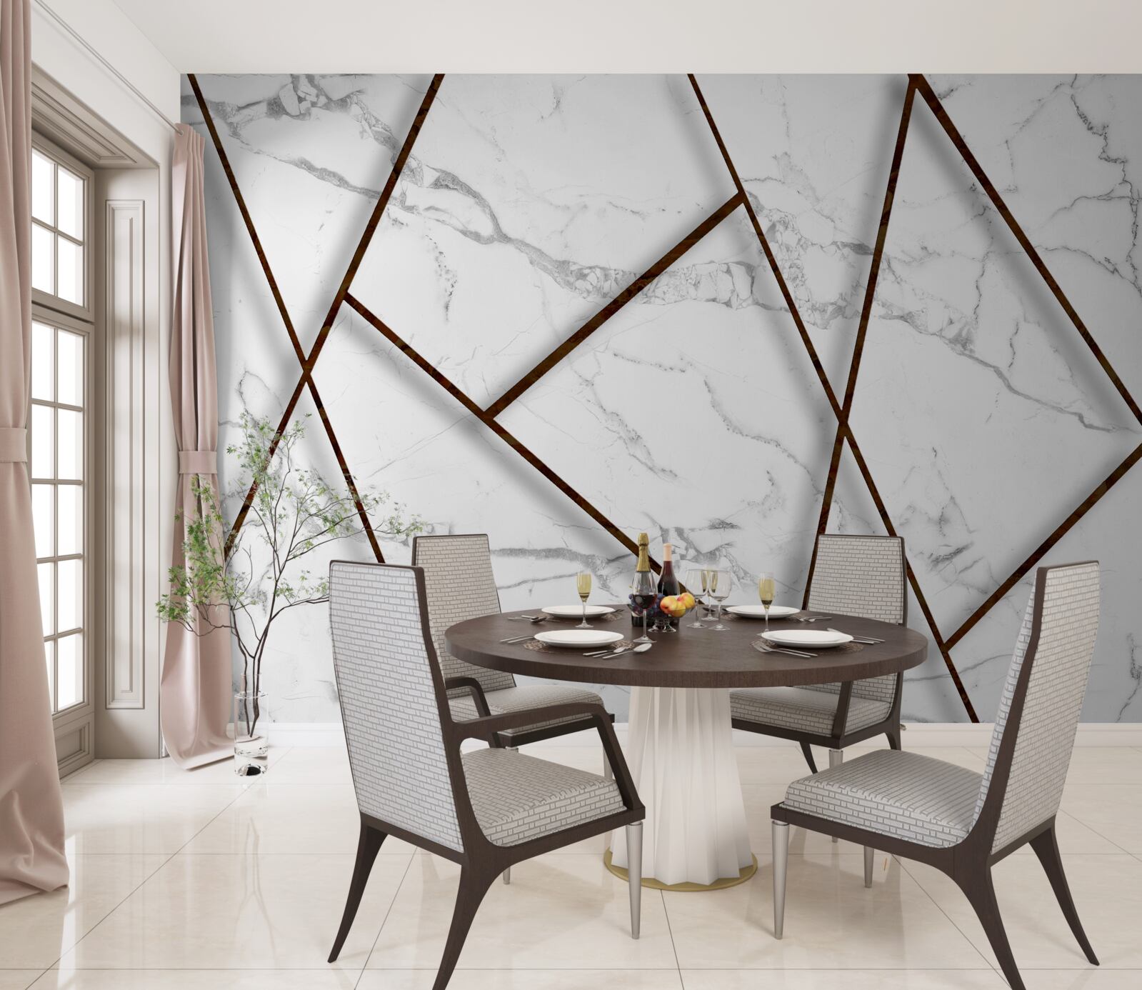 Papier peint inclusions noires sur marbre blanc