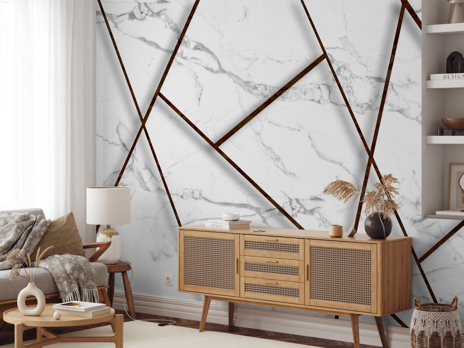 Papier peint inclusions noires sur marbre blanc