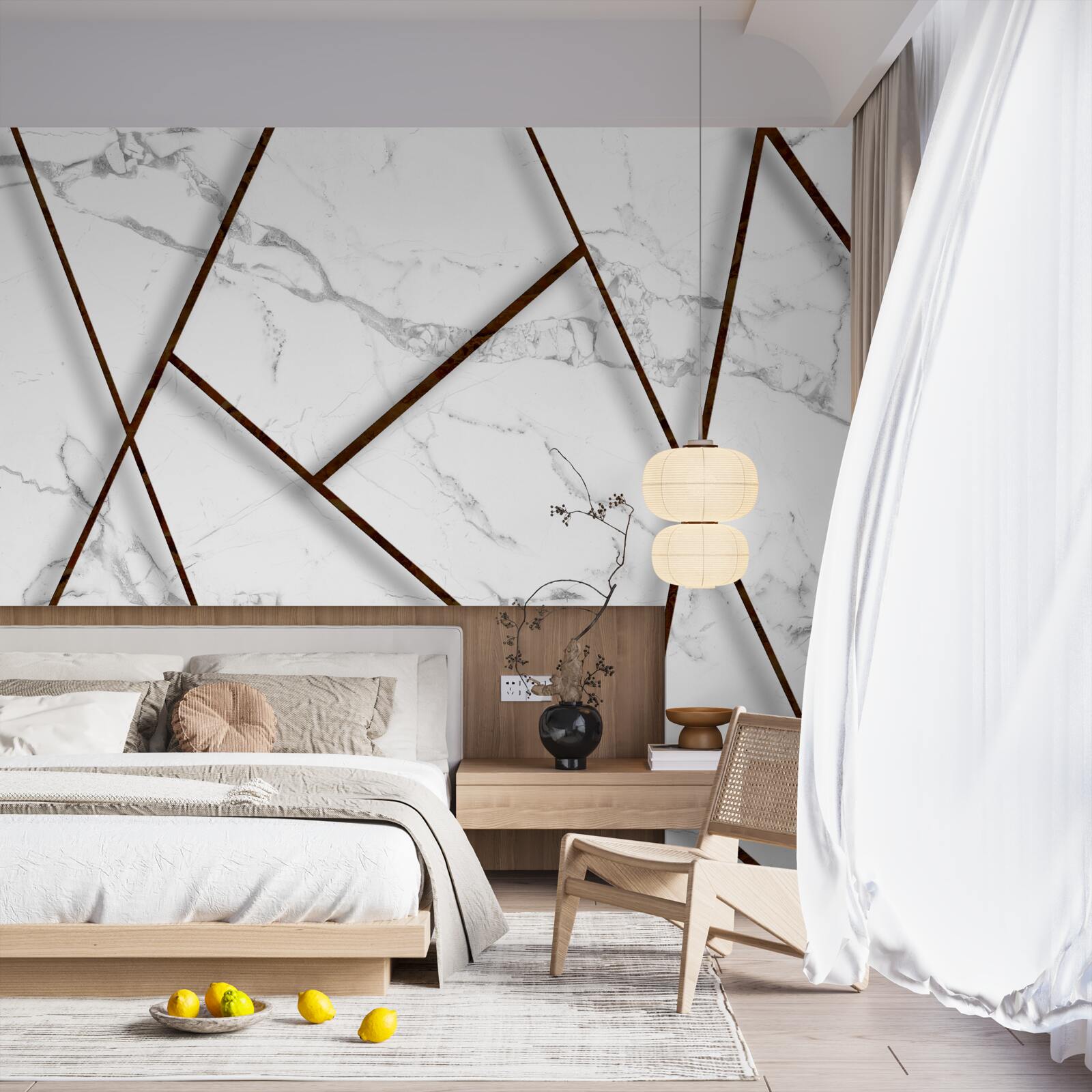 Papier peint inclusions noires sur marbre blanc