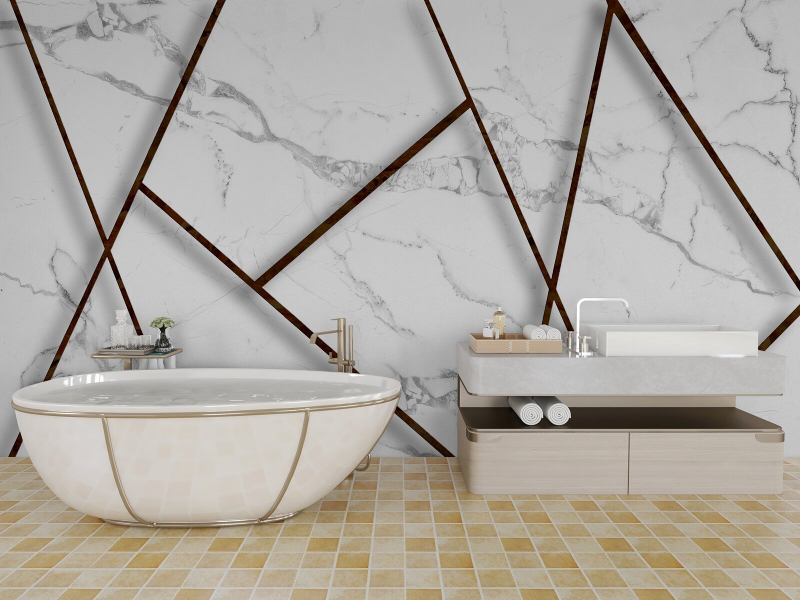 Papier peint inclusions noires sur marbre blanc