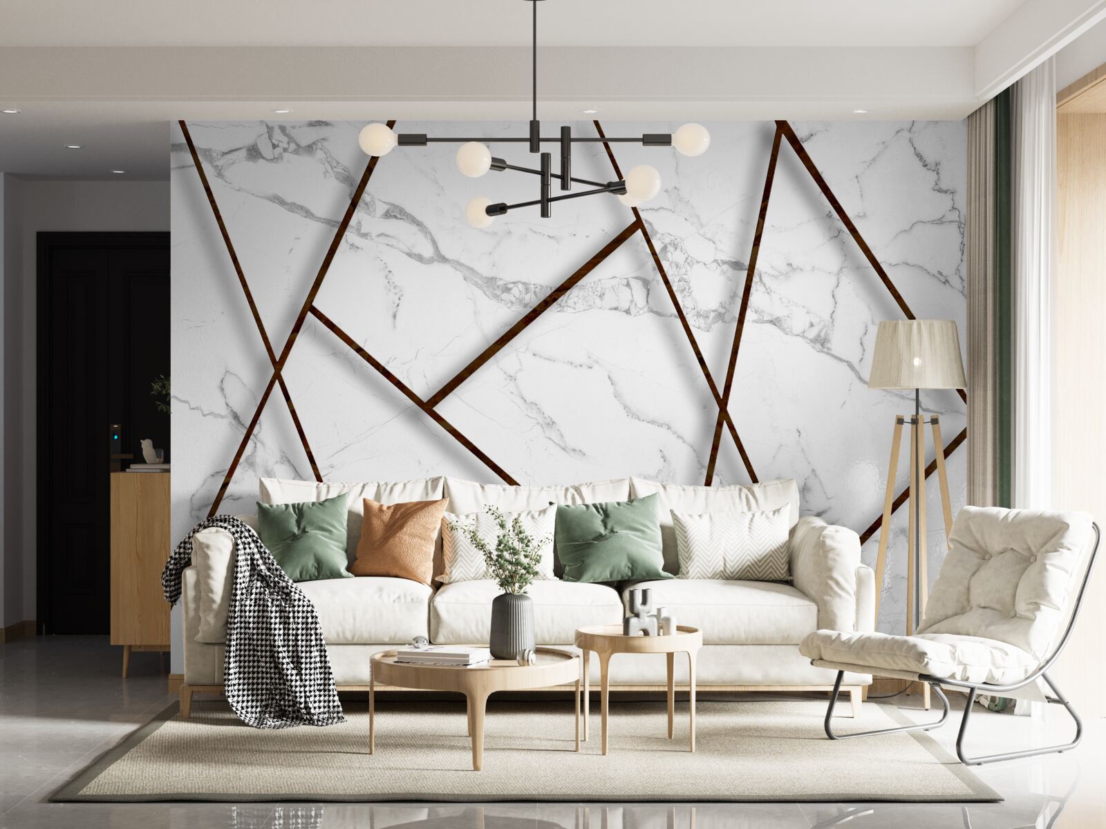 Papier peint inclusions noires sur marbre blanc