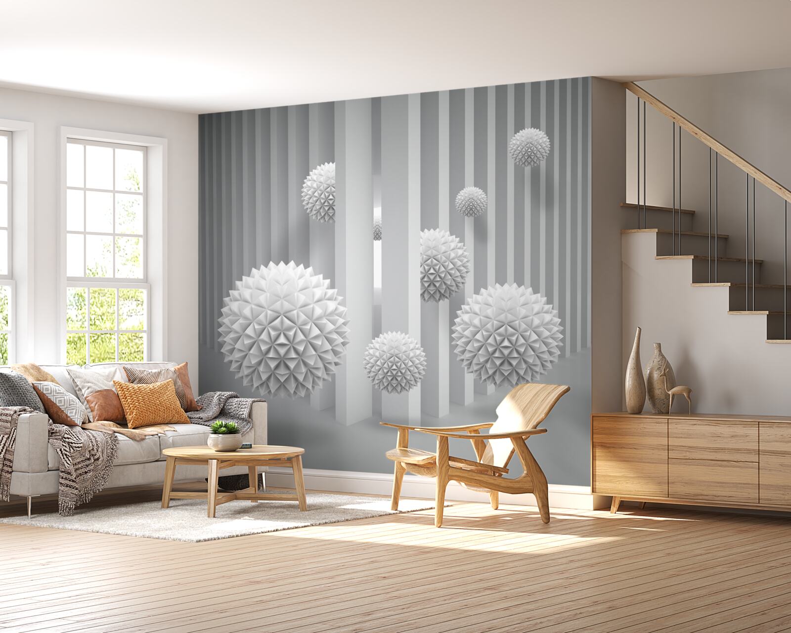 Papier peint boules volant au-dessus de formes géométriques