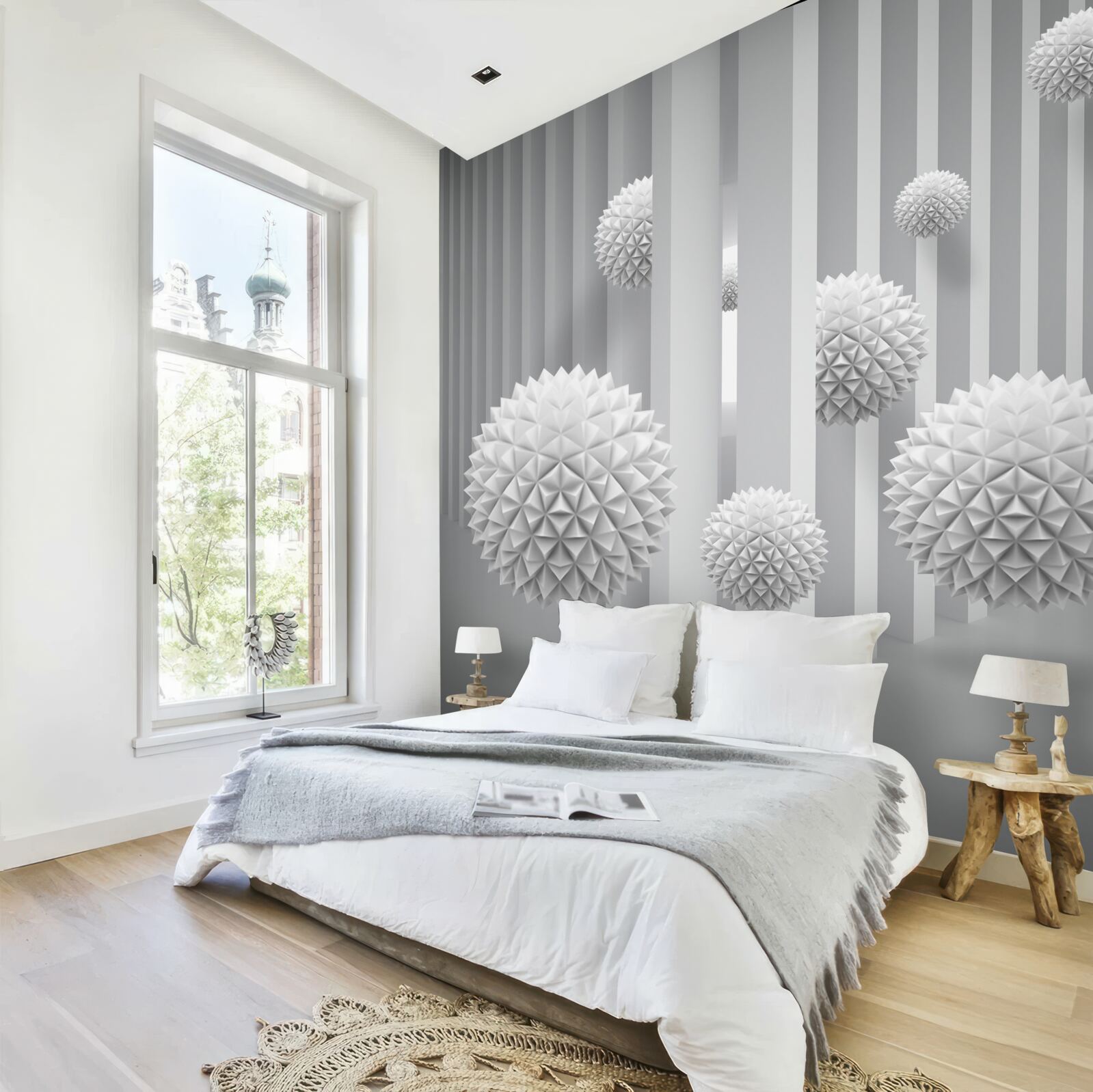 Papier peint boules volant au-dessus de formes géométriques