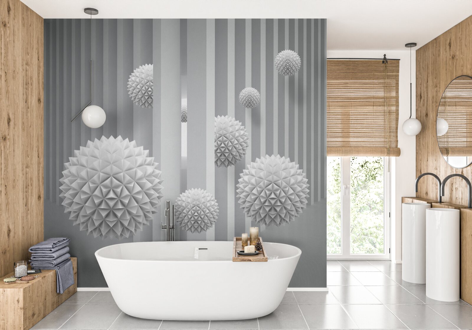 Papier peint boules volant au-dessus de formes géométriques