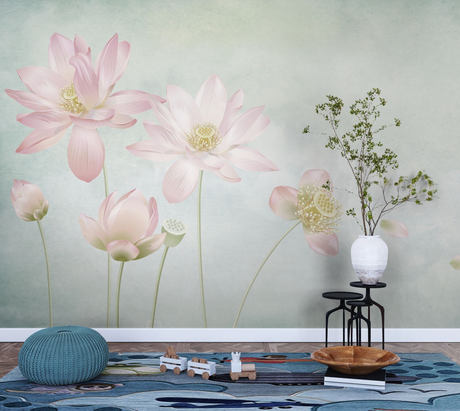 Papier peint gracieux coquelicots sur fond bleu