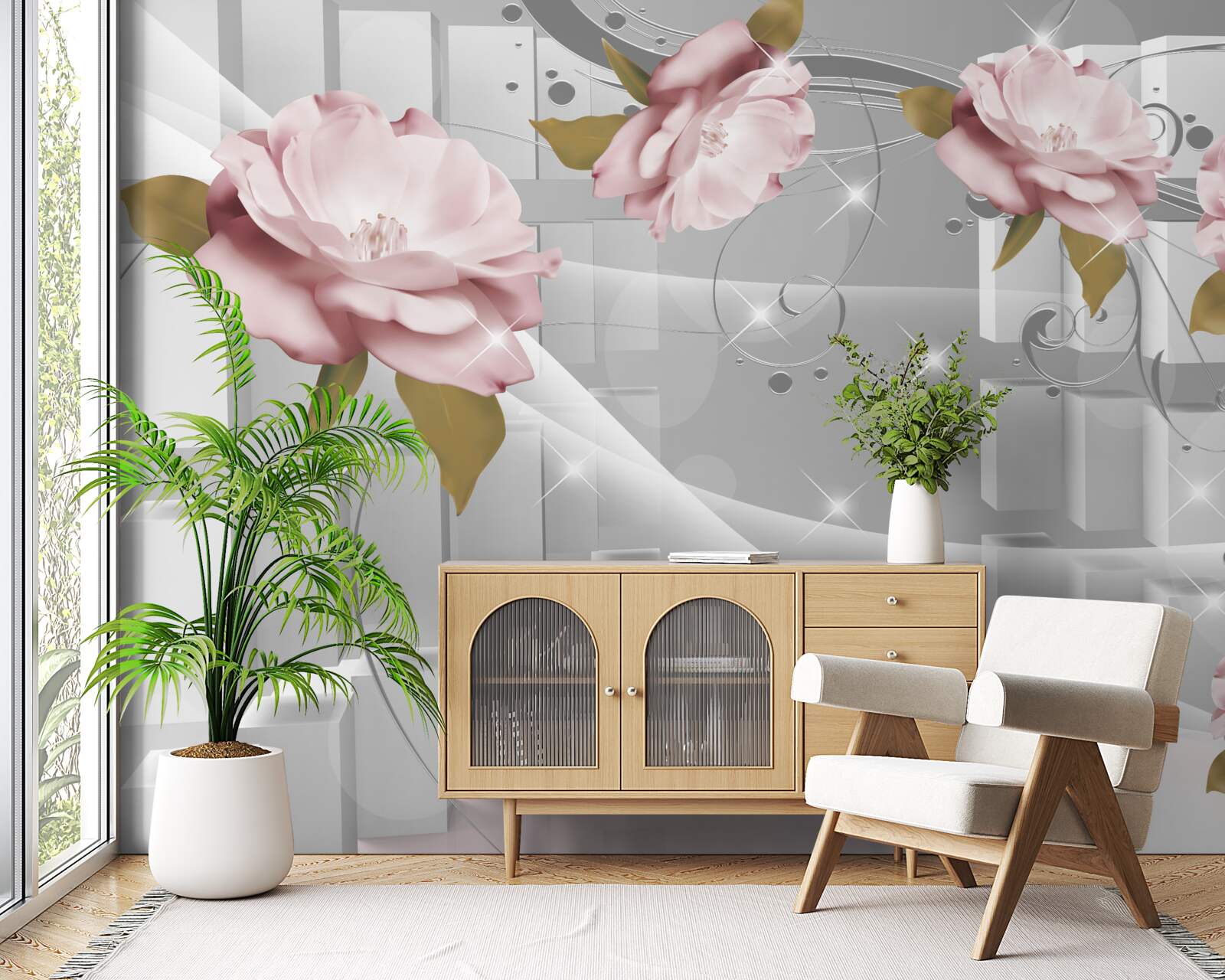 Papier peint boutons de fleurs en formes géométriques