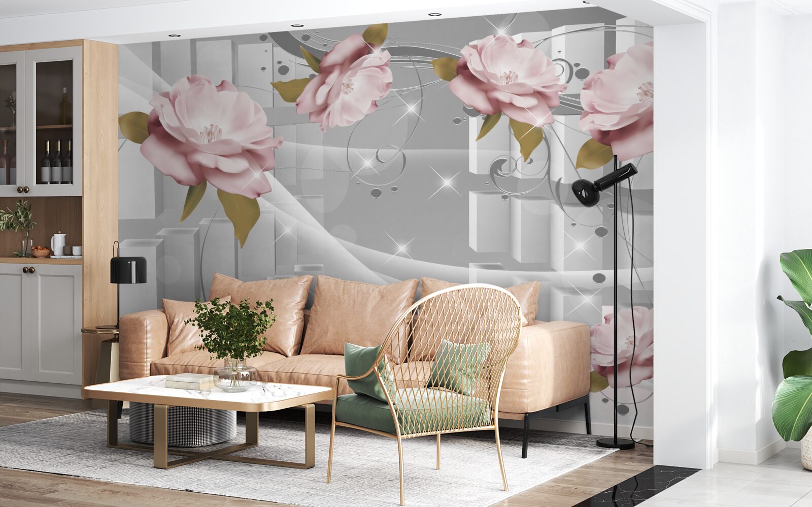 Papier peint boutons de fleurs en formes géométriques