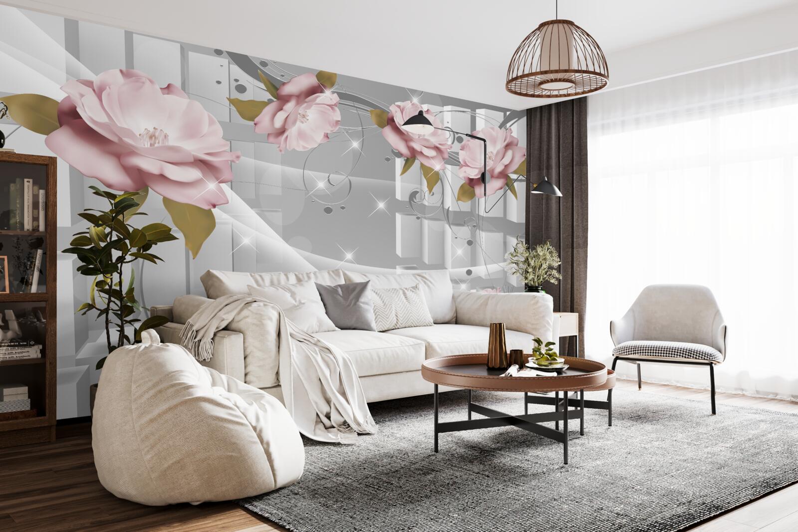 Papier peint boutons de fleurs en formes géométriques