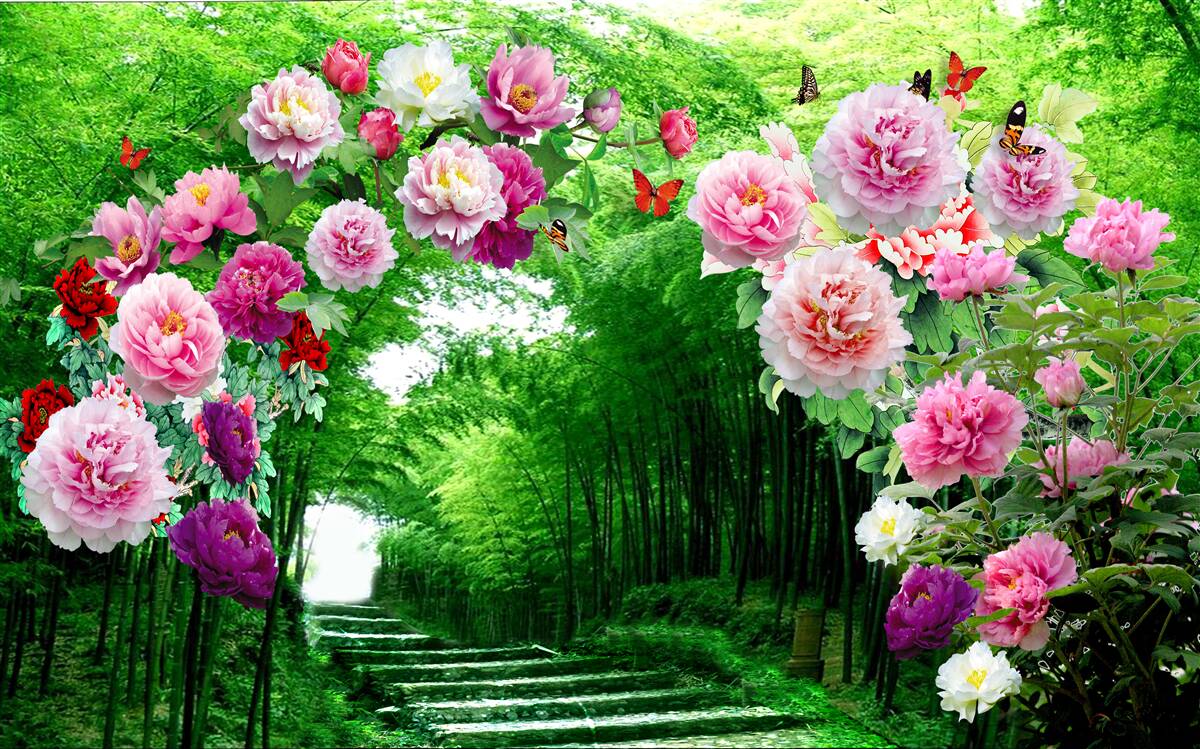 Papier peint fleurs et renards en bambou vert