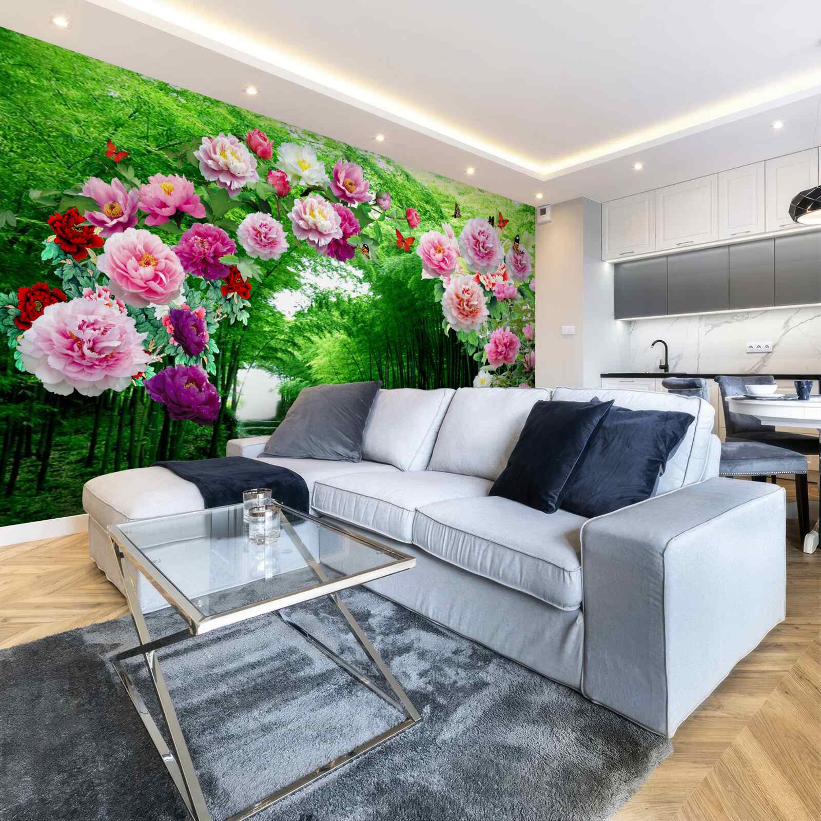 Papier peint fleurs et renards en bambou vert