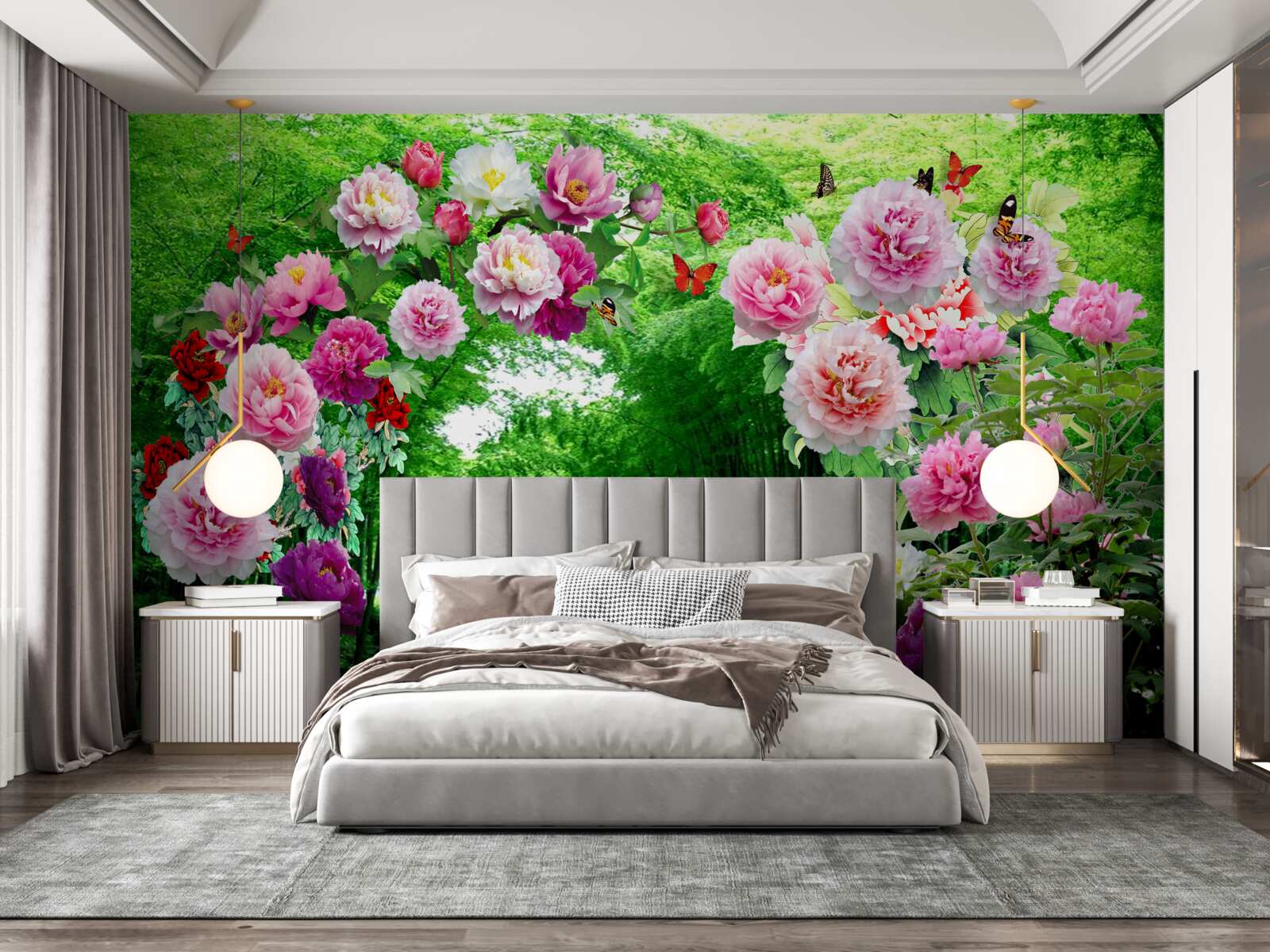 Papier peint fleurs et renards en bambou vert