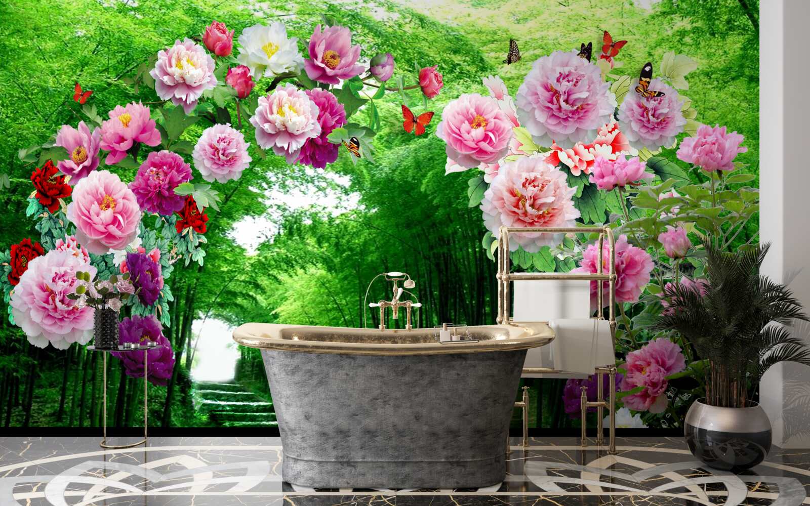 Papier peint fleurs et renards en bambou vert