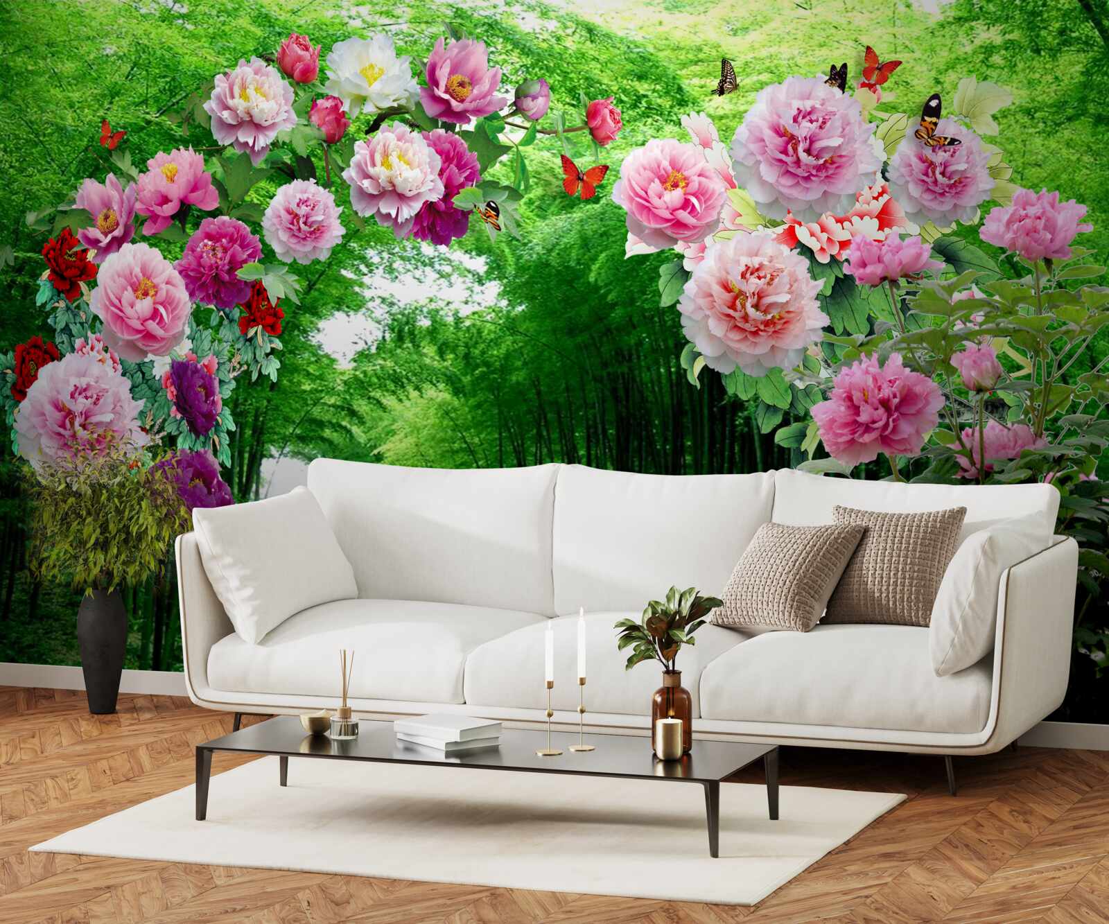 Papier peint fleurs et renards en bambou vert