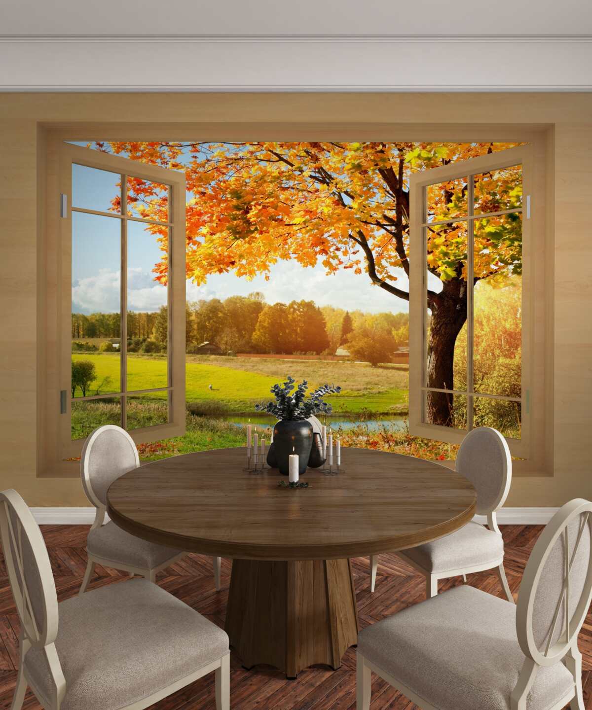 Papier peint vue d'automne depuis la fenêtre