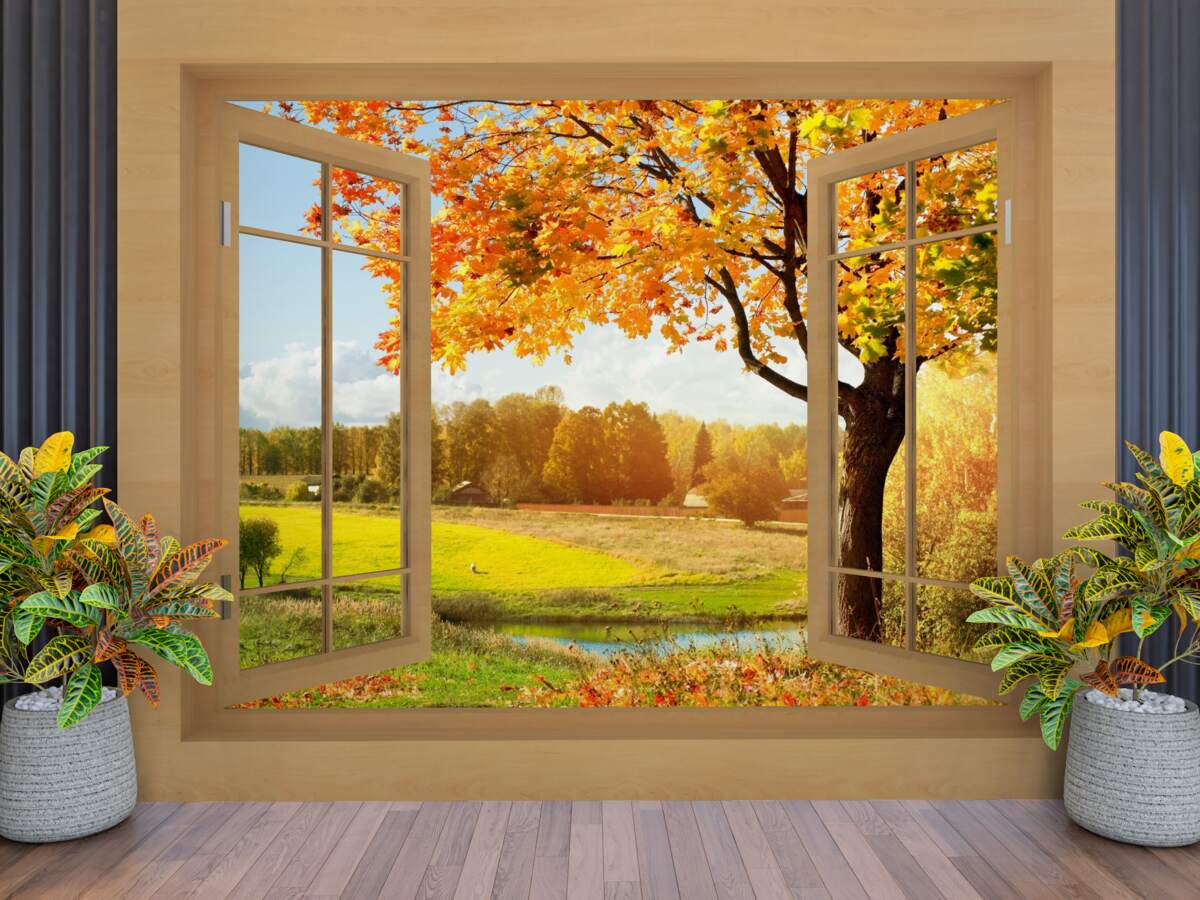 Papier peint vue d'automne depuis la fenêtre