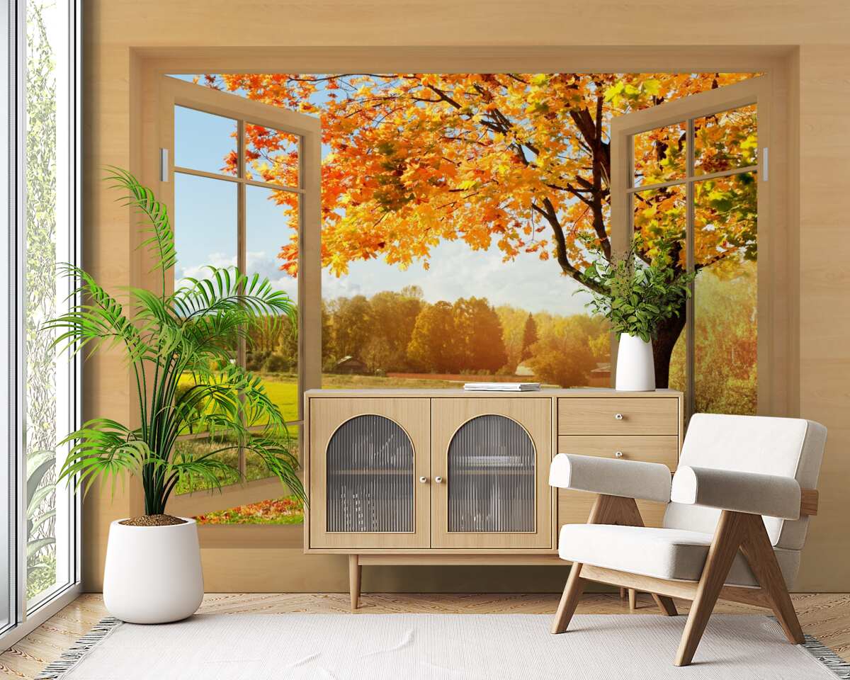 Papier peint vue d'automne depuis la fenêtre