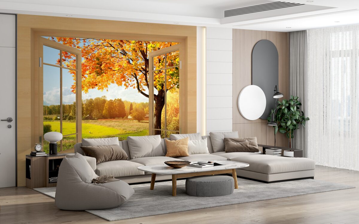 Papier peint vue d'automne depuis la fenêtre