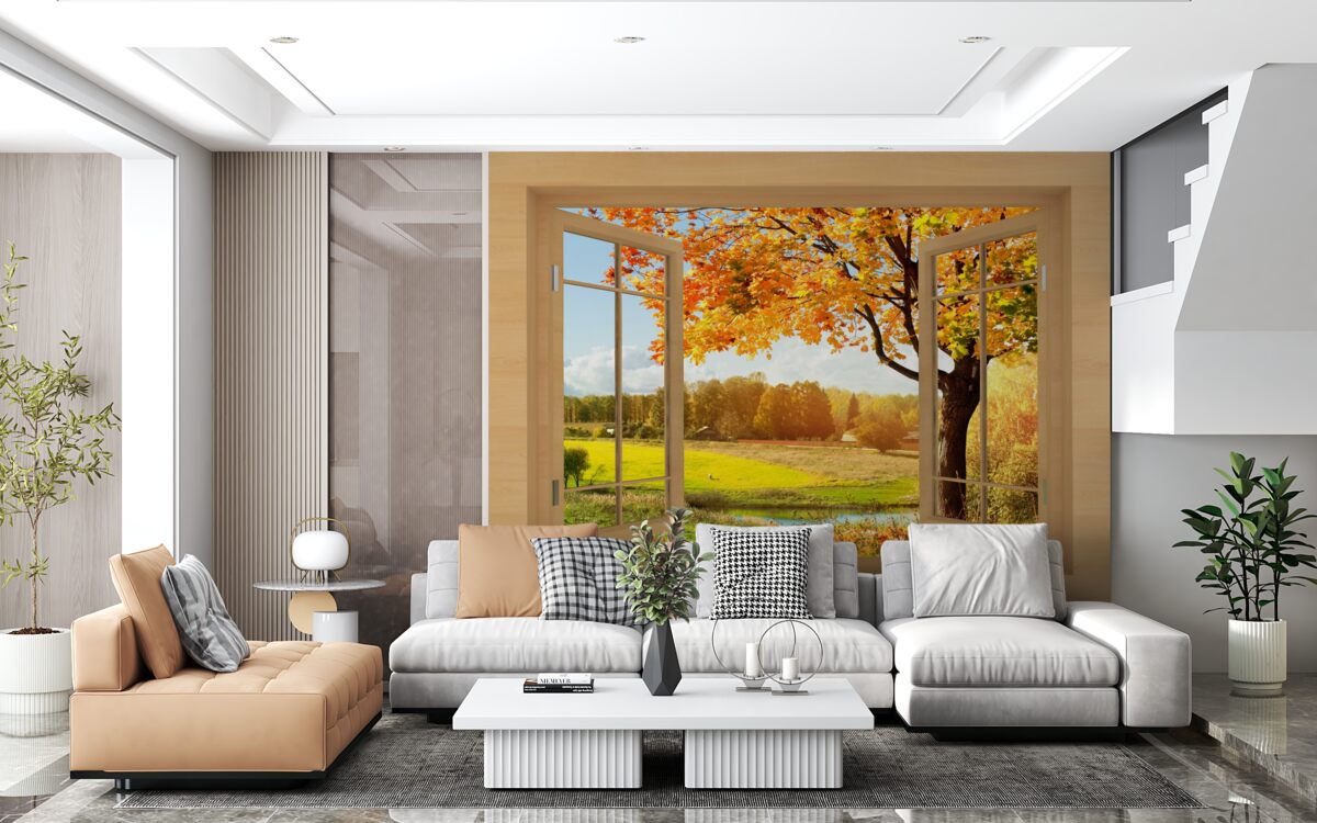 Papier peint vue d'automne depuis la fenêtre