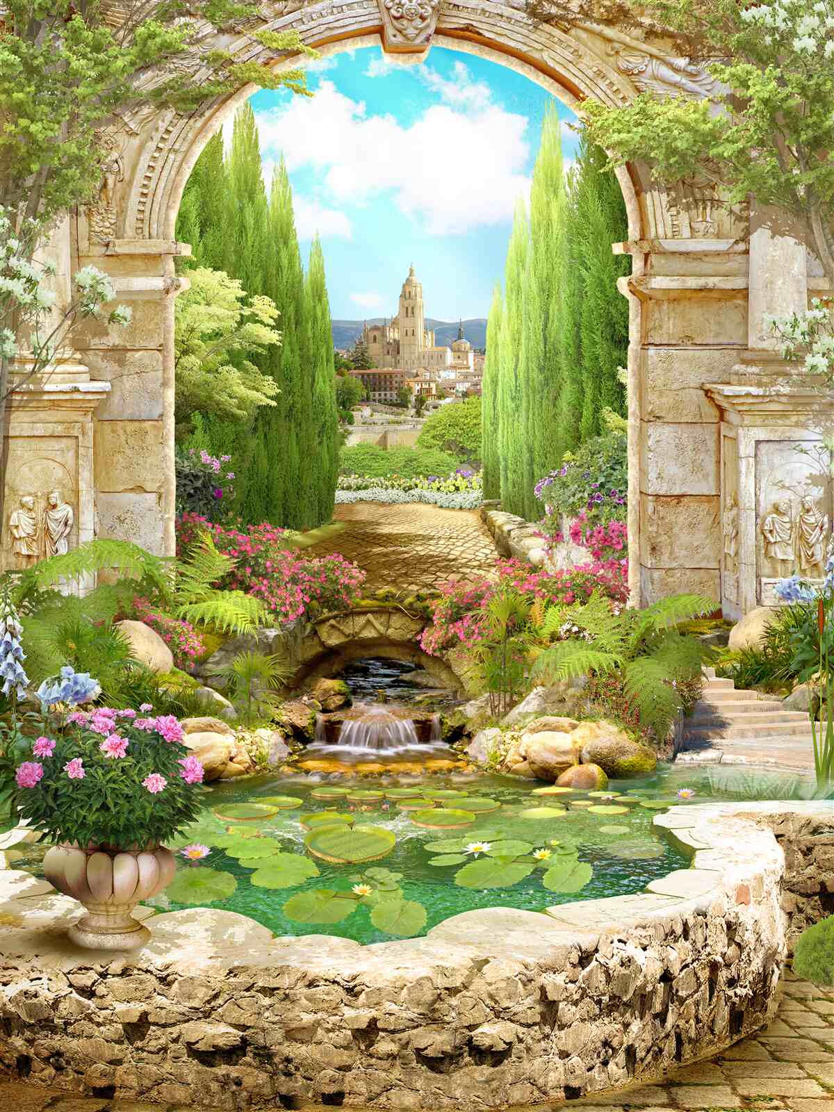 Papier peint ancienne arche de pierre entourée de verdure