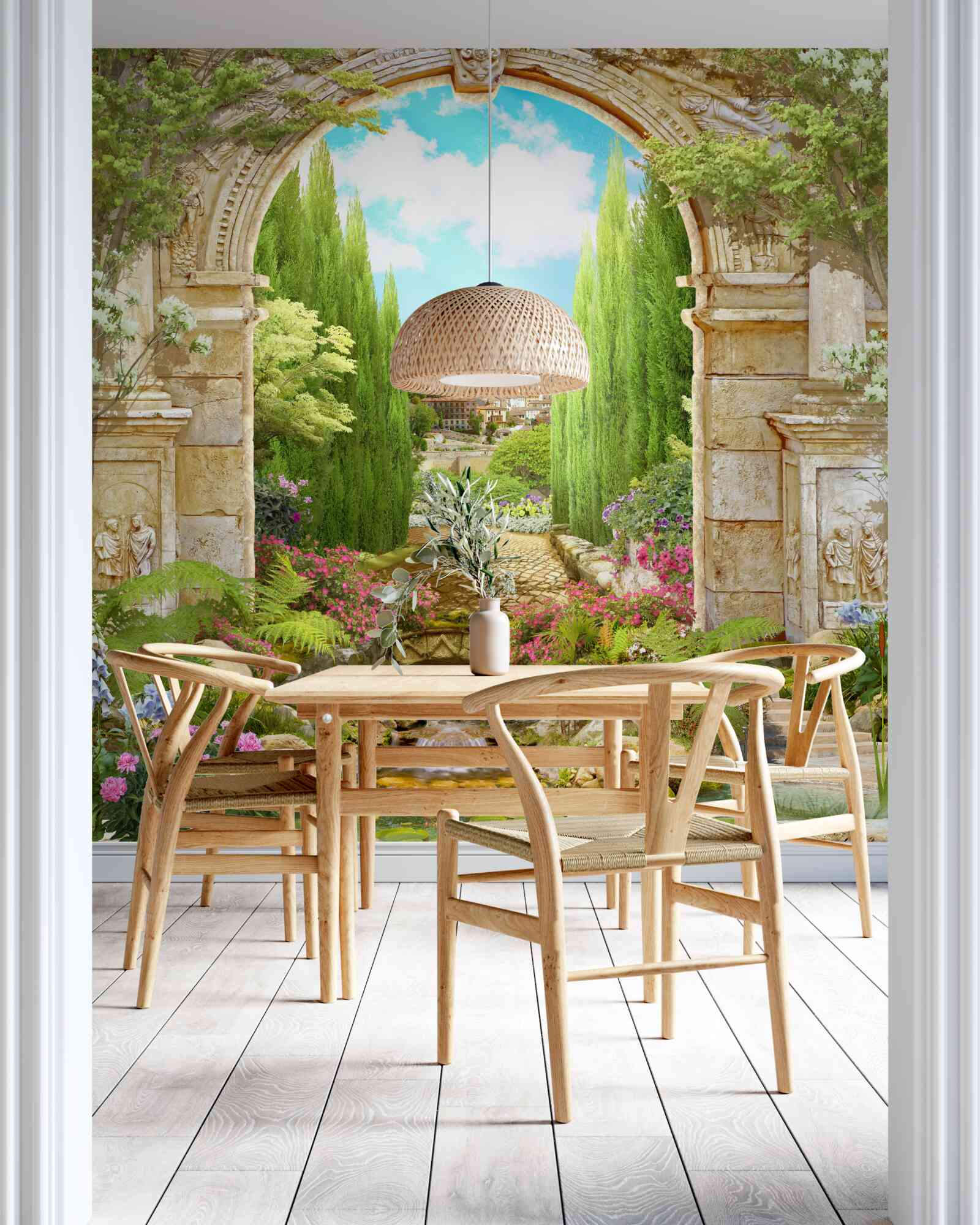 Papier peint ancienne arche de pierre entourée de verdure