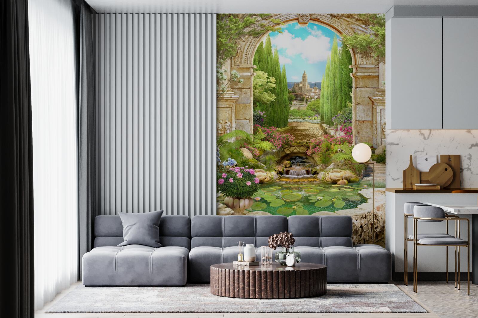 Papier peint ancienne arche de pierre entourée de verdure