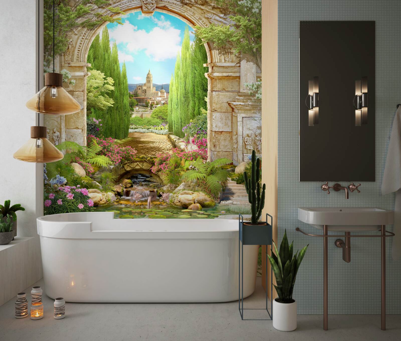 Papier peint ancienne arche de pierre entourée de verdure