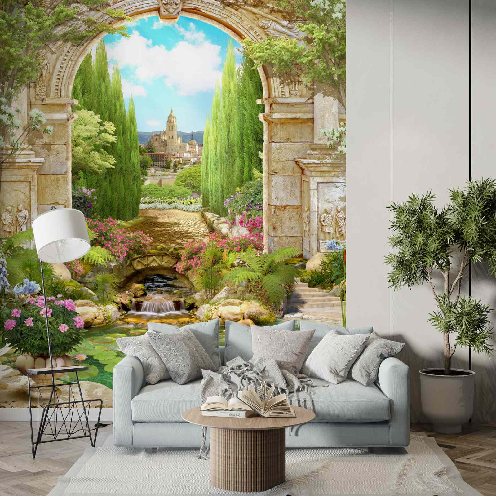 Papier peint ancienne arche de pierre entourée de verdure