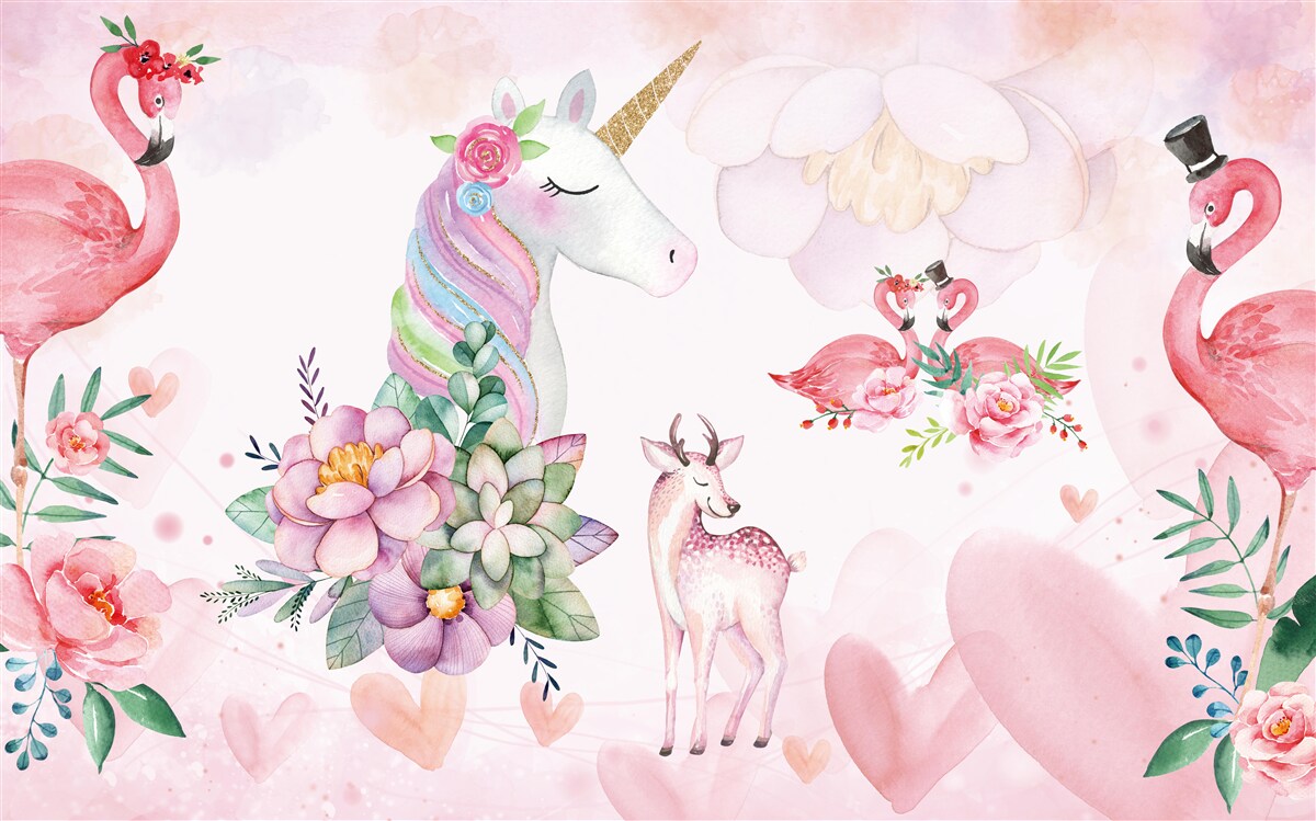 Papier peint animaux roses décorés de fleurs