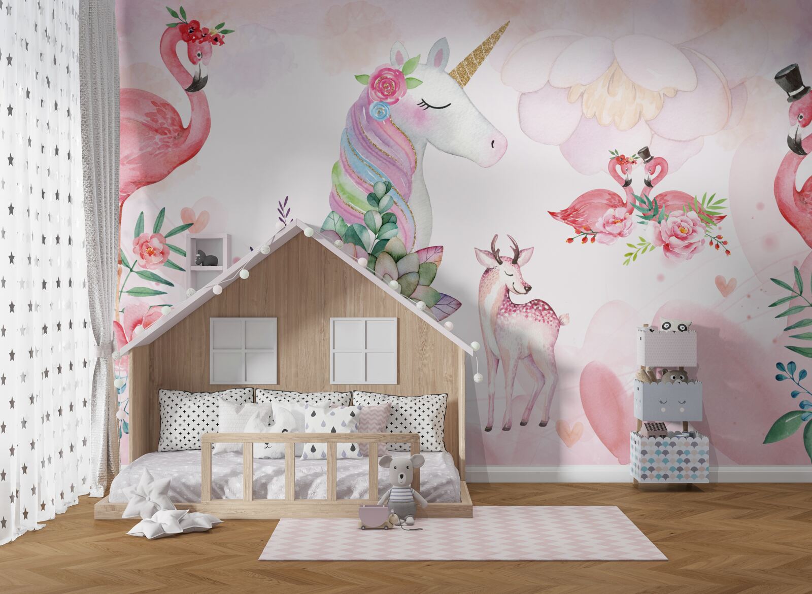 Papier peint animaux roses décorés de fleurs