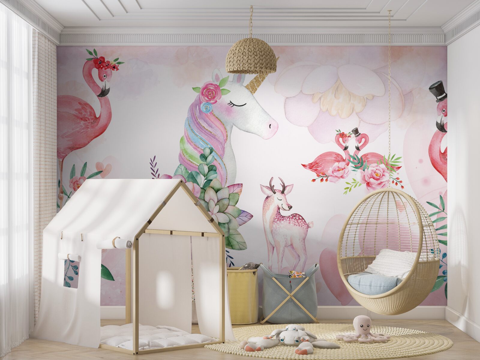 Papier peint animaux roses décorés de fleurs