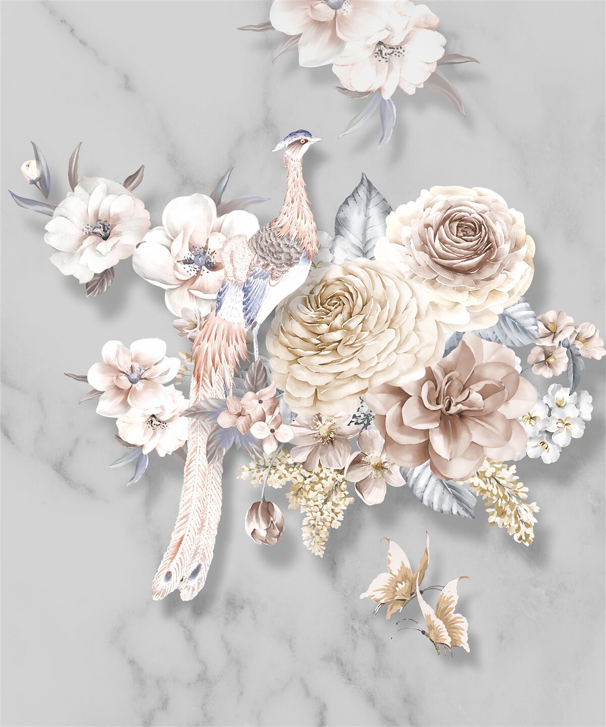 Papier peint arrangement floral avec un paon