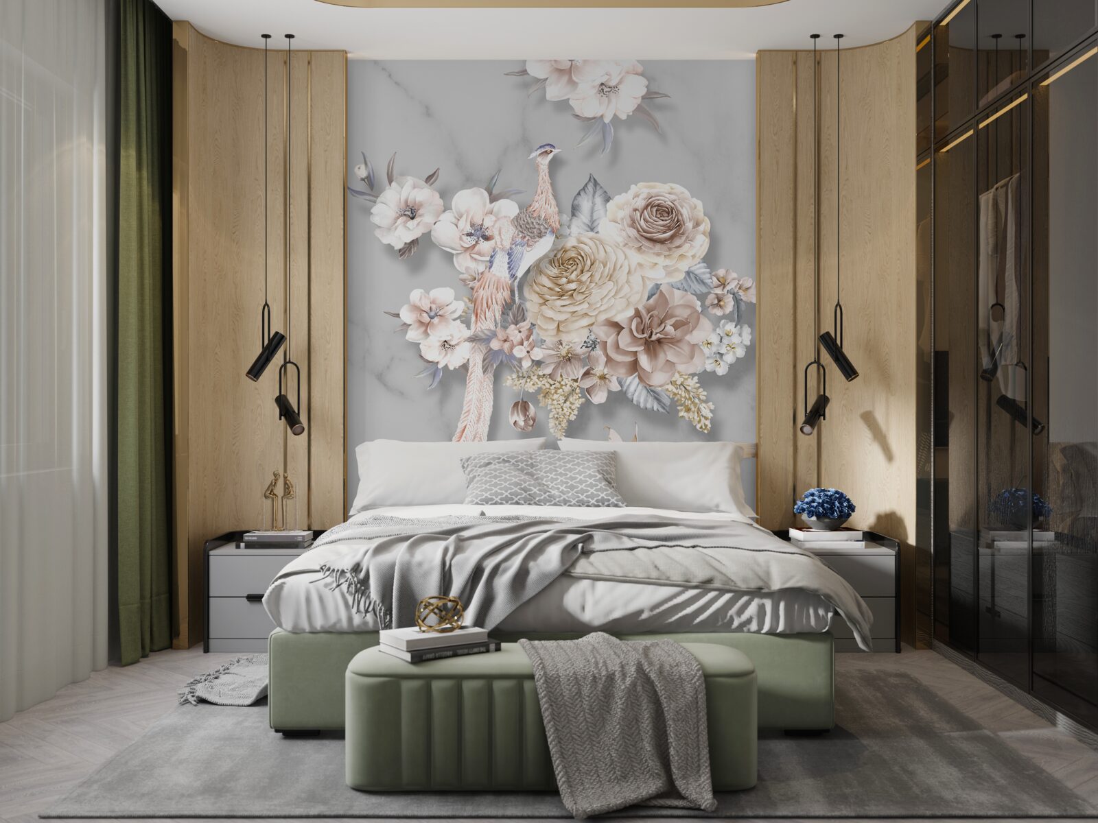 Papier peint arrangement floral avec un paon