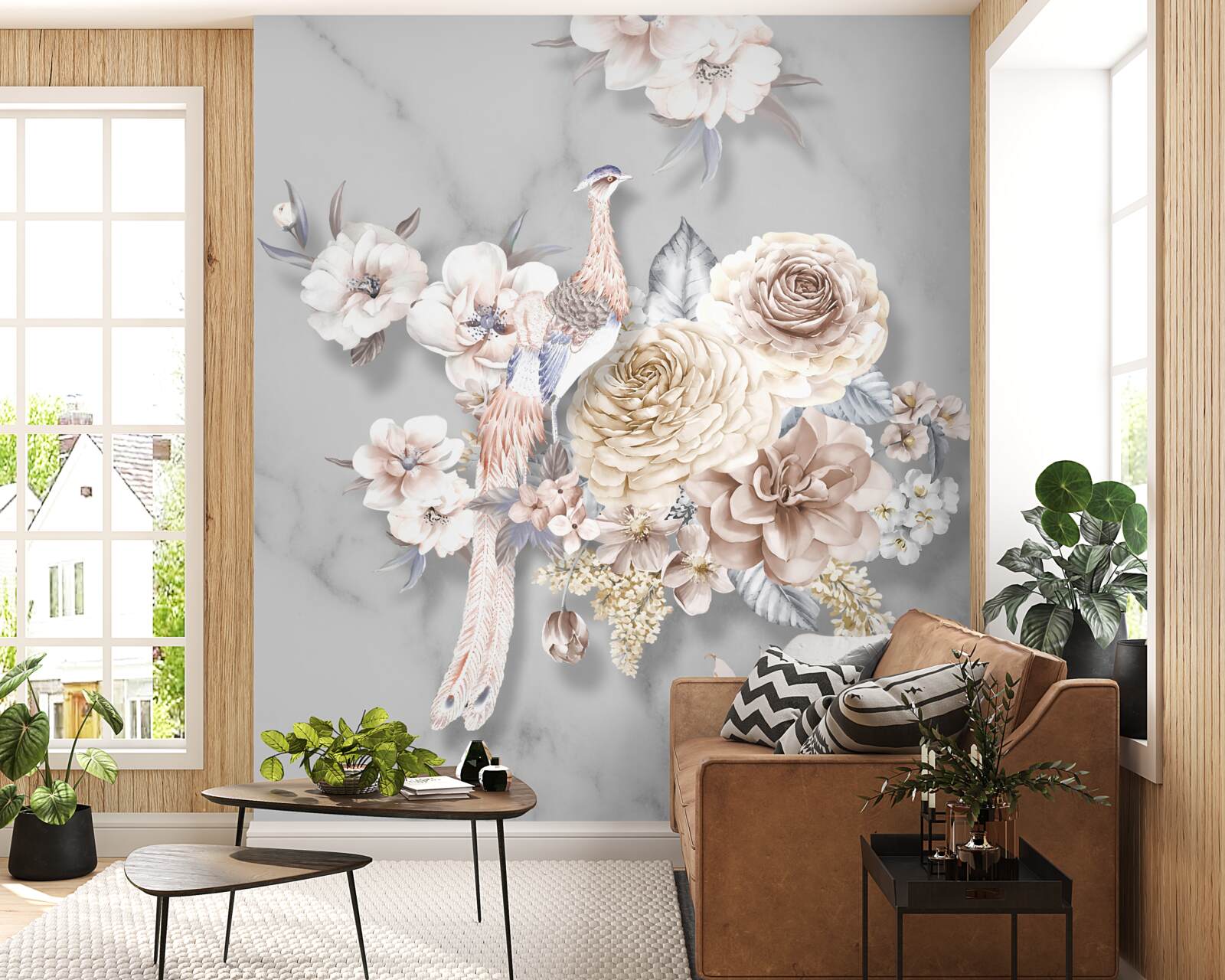 Papier peint arrangement floral avec un paon