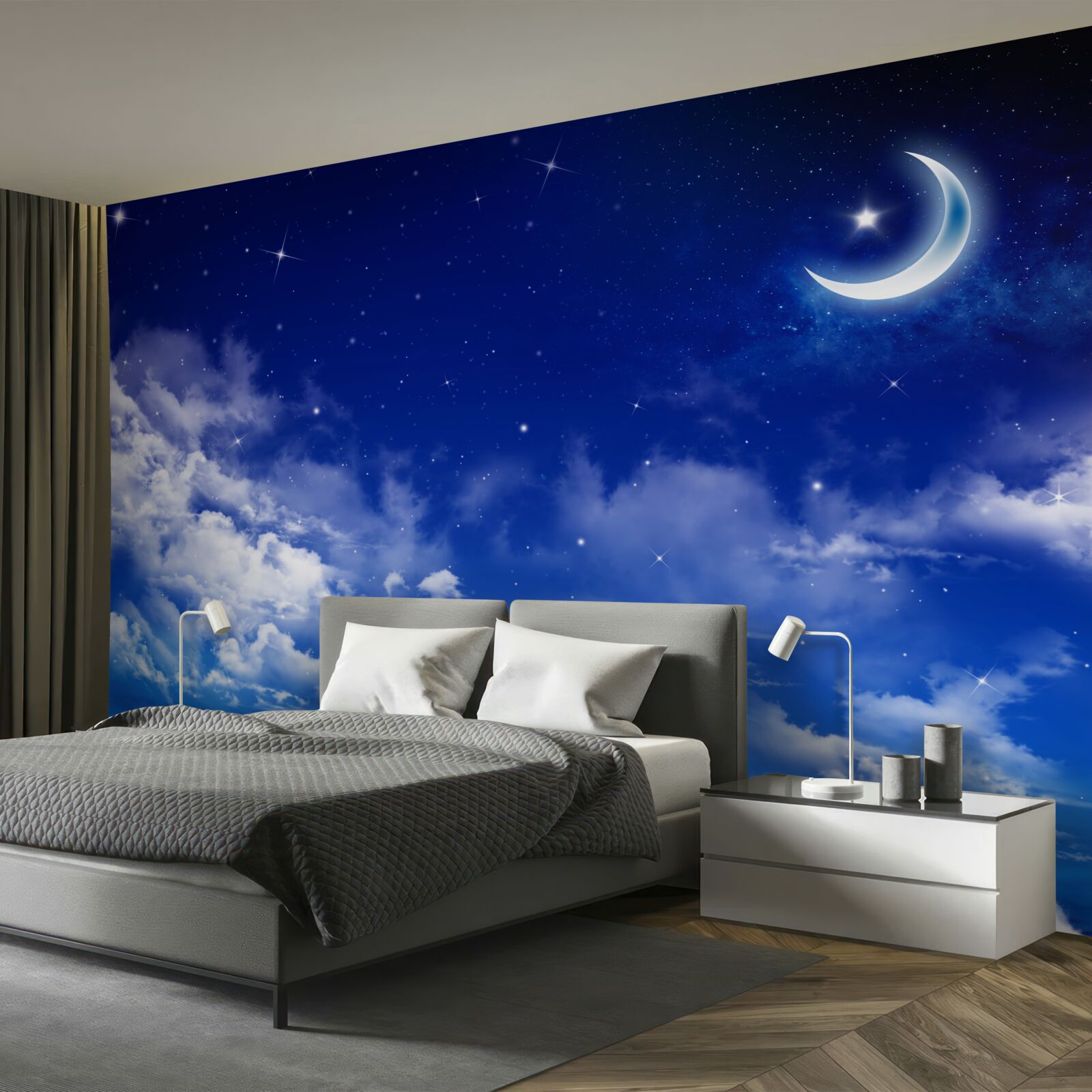 Papier peint nuit sous la lune et les étoiles scintillantes