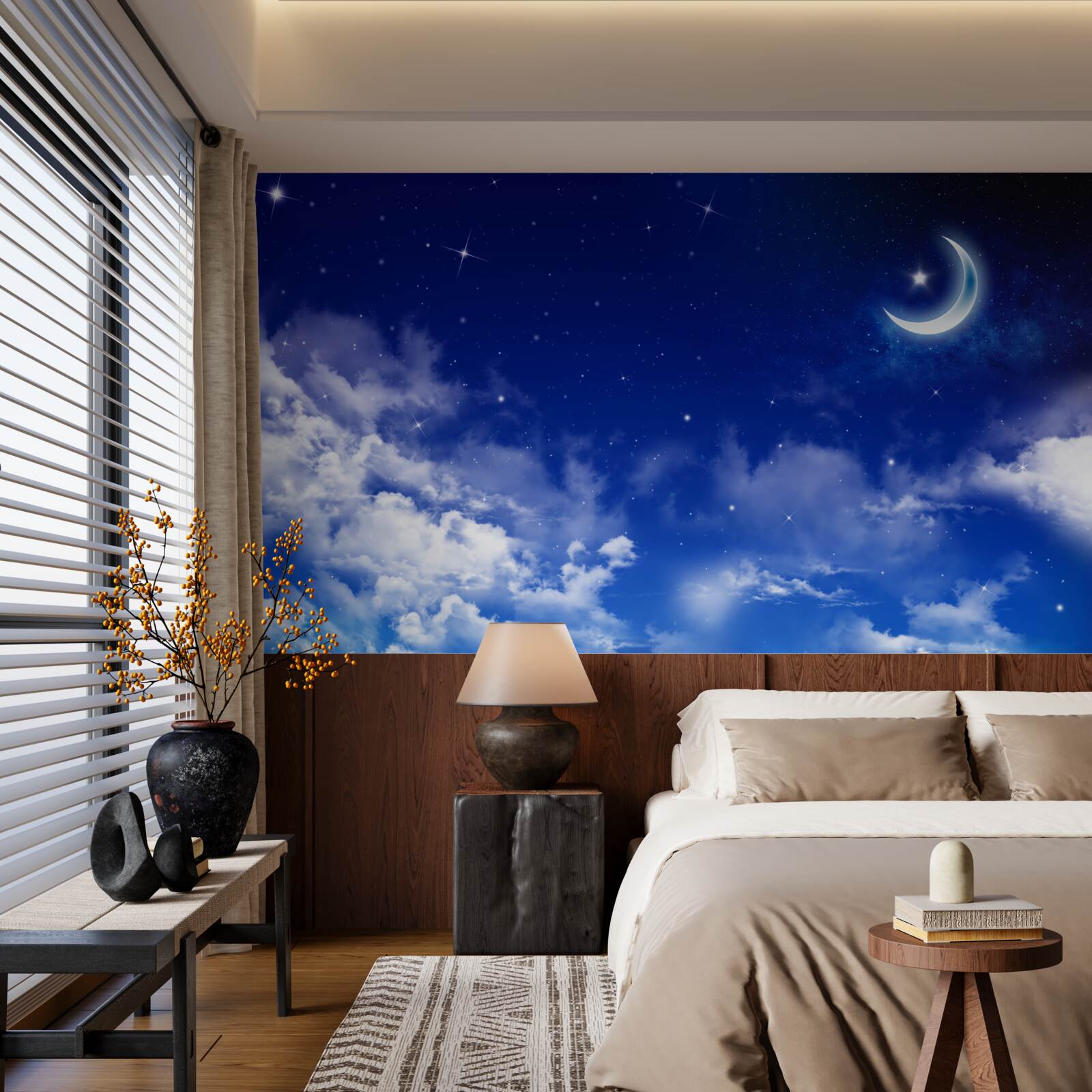 Papier peint nuit sous la lune et les étoiles scintillantes