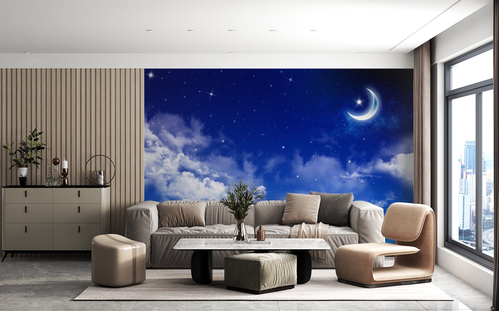 Papier peint nuit sous la lune et les étoiles scintillantes