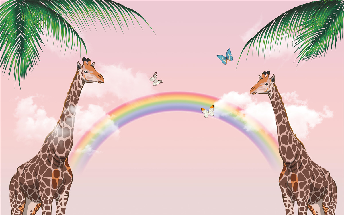 Papier peint deux girafes regardant un arc-en-ciel