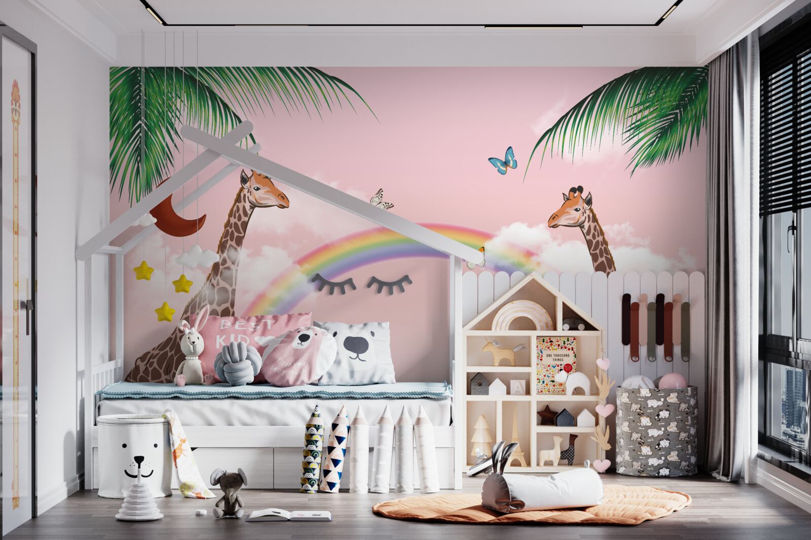 Papier peint deux girafes regardant un arc-en-ciel