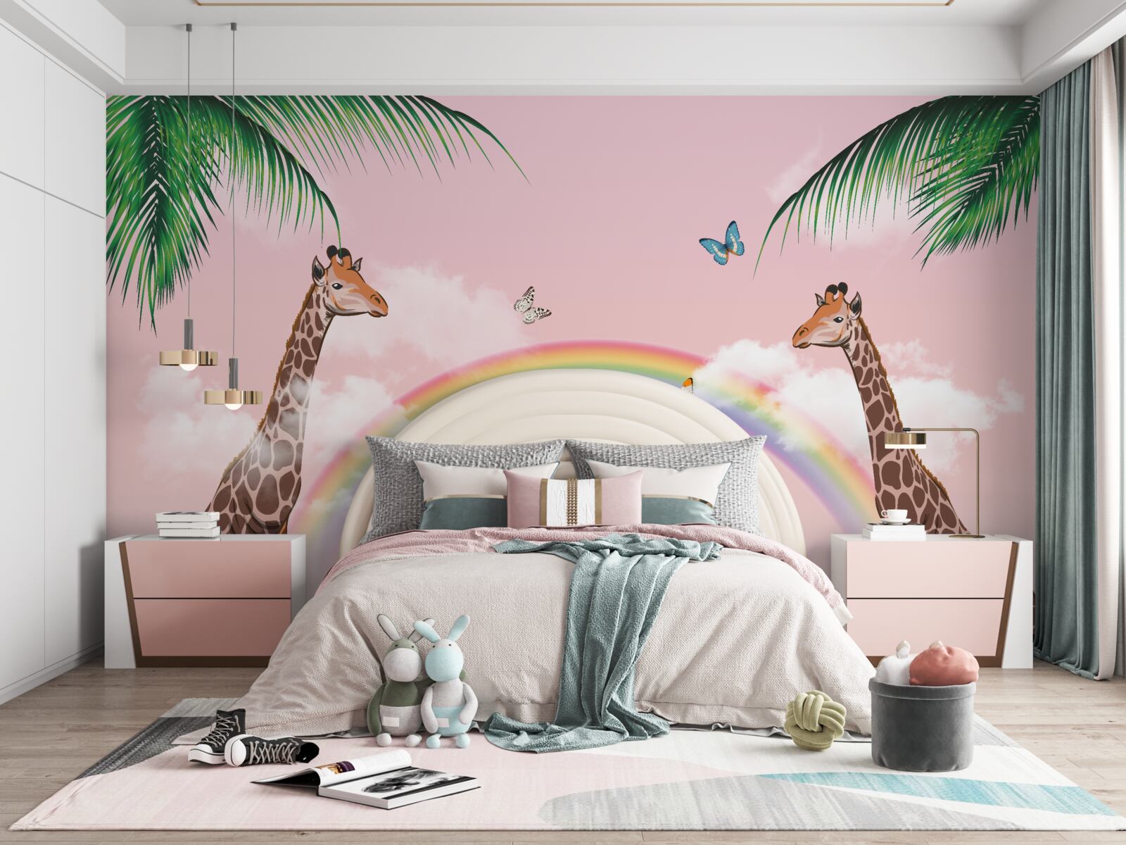 Papier peint deux girafes regardant un arc-en-ciel