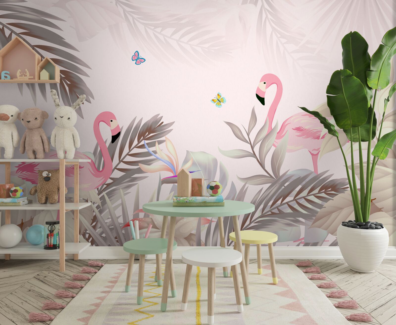 Papier peint flamant rose parmi les arbres